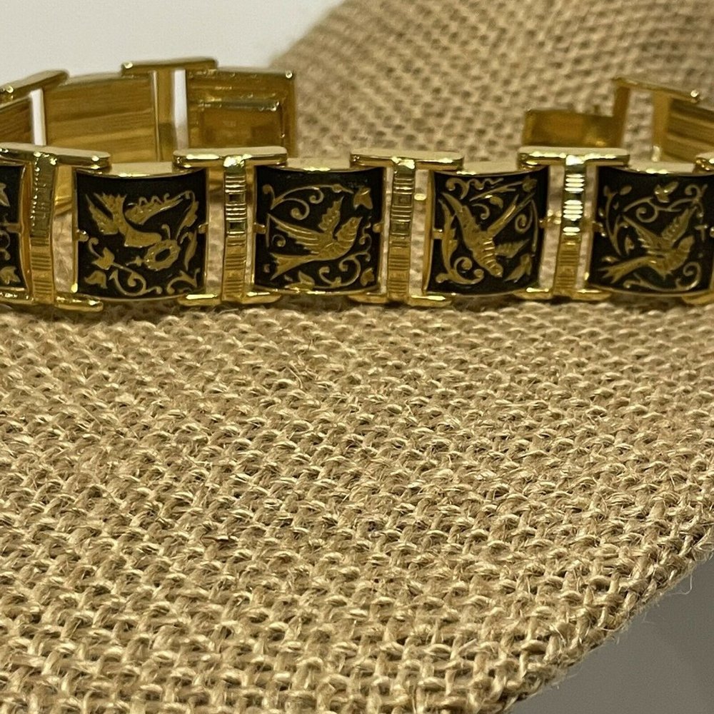 Black & Gold Damascene Enamel Bracelet Flowers Birds 10 Panels Safety Chain GP - Picture 6 of 8